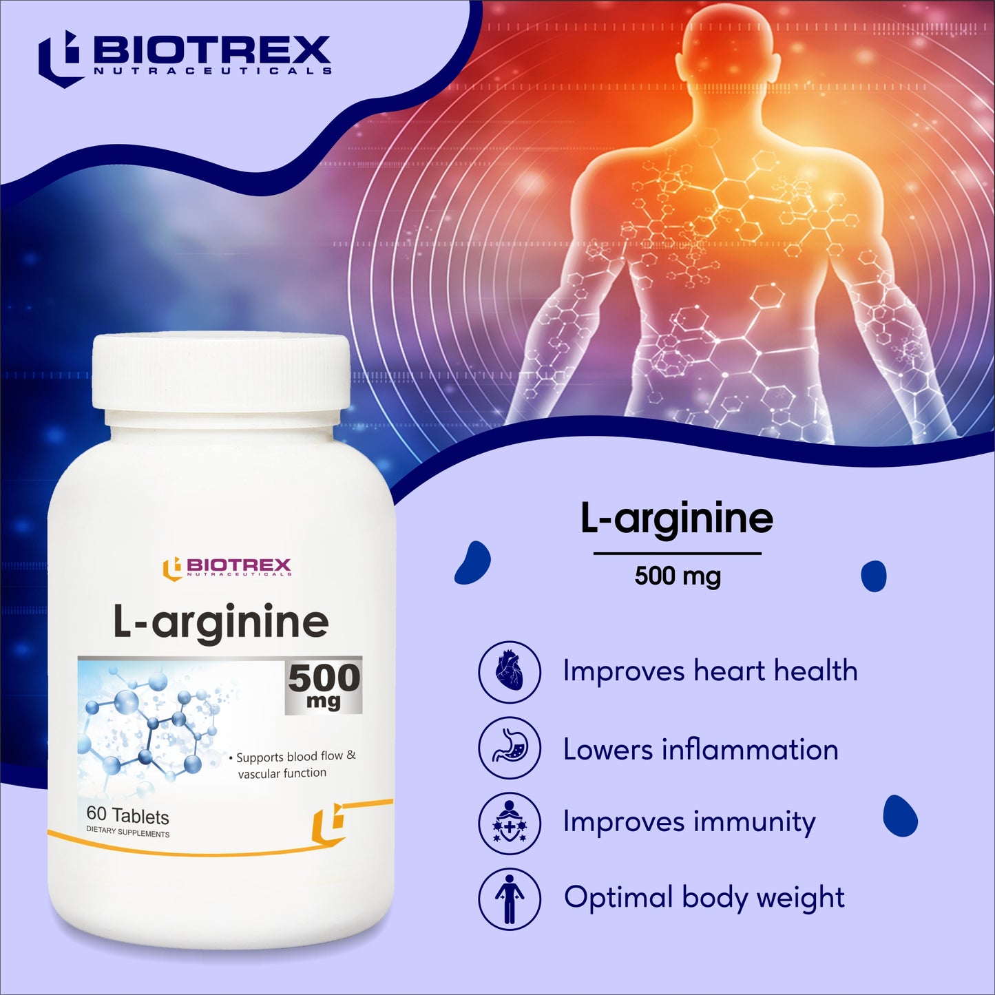 Biotrex L-arginine 500mg  - 60 Tablets