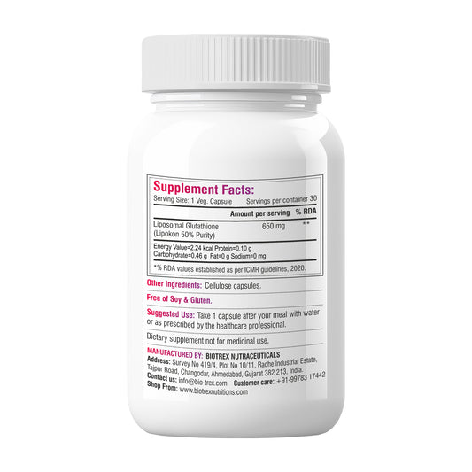 Biotrex Nutraceuticals Liposomal Glutathione Supports Healthy Skin Health, High Purity 50% Lipokon Form - 30 Veg Capsules