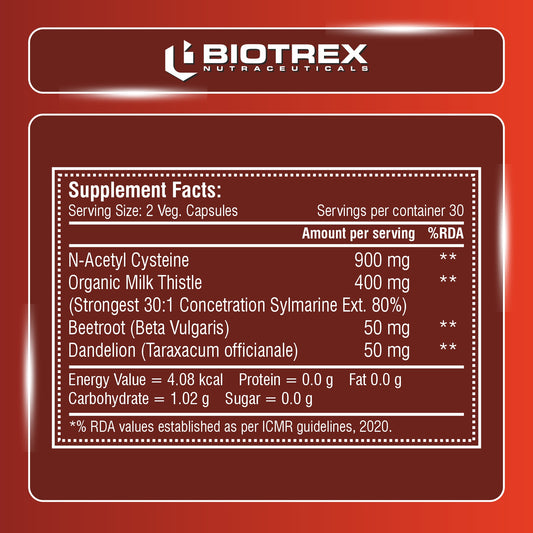 Biotrex Nutraceuticals Liver Detox 1400mg | Milk Thistle (85% Silymarin) with N Acetyl Cysteine | Hepatoprotective | Supports Fatty Liver Protection | Metabolic Balance | Natural Formula - 60 Veg Capsules