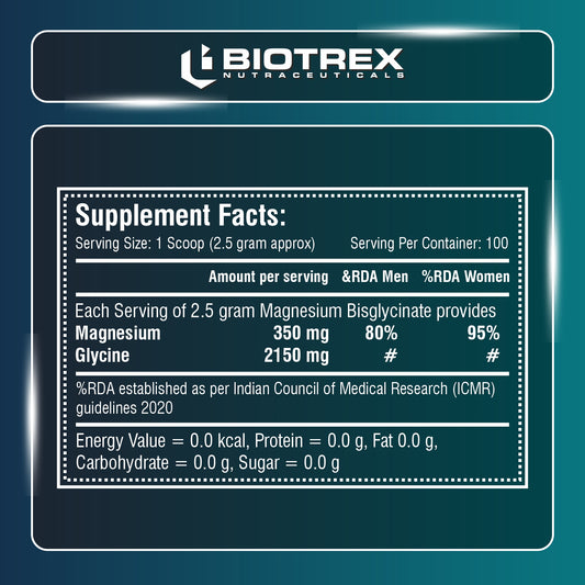 Biotrex Nutraceuticals Magnesium Bisglycinate Powder | Sleep, Cramps, Nerve & Muscle Health | Mood Balance & Energy Production | High Absorption - 250Gram (100 Servings)