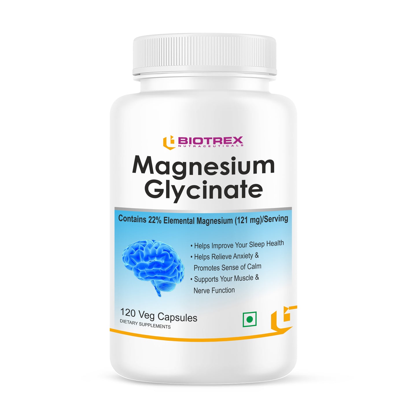 Biotrex Magnesium Glycinate, High Bioavailabilty, Best For Sleep Health, Supports Muscle & Nerve Health - 120 Veg Capsules