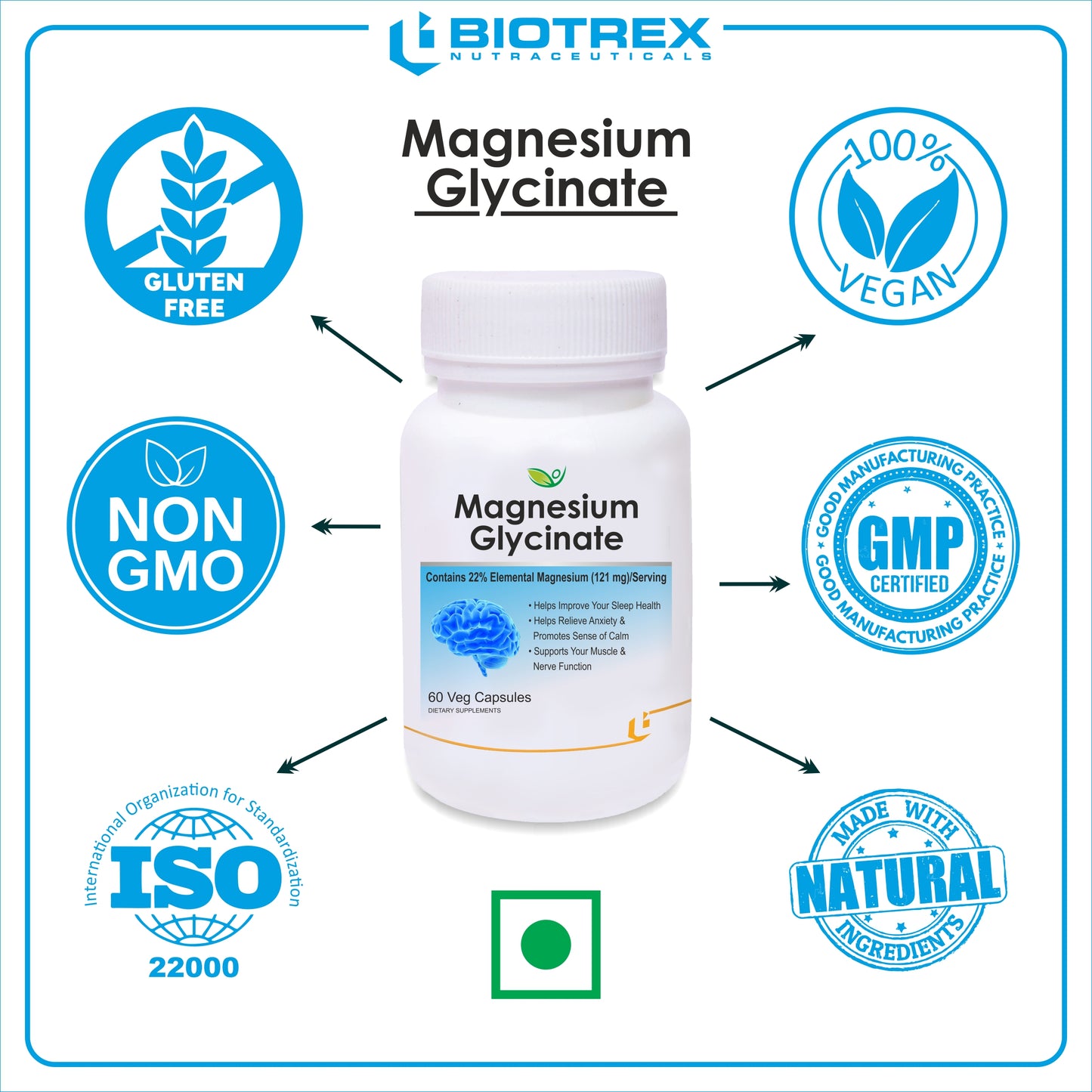 Biotrex Magnesium Glycinate 60 Veg Capsules, Supports Bone Health, Nerve & Muscle Function