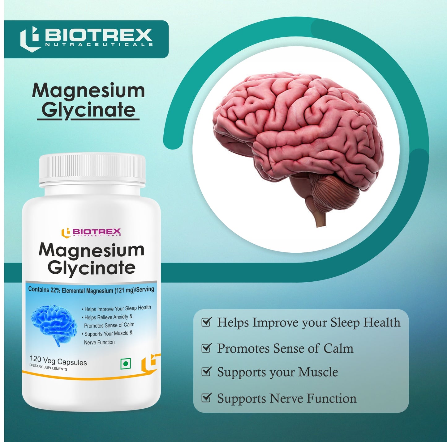 Biotrex Magnesium Glycinate, High Bioavailabilty, Best For Sleep Health, Supports Muscle & Nerve Health - 120 Veg Capsules