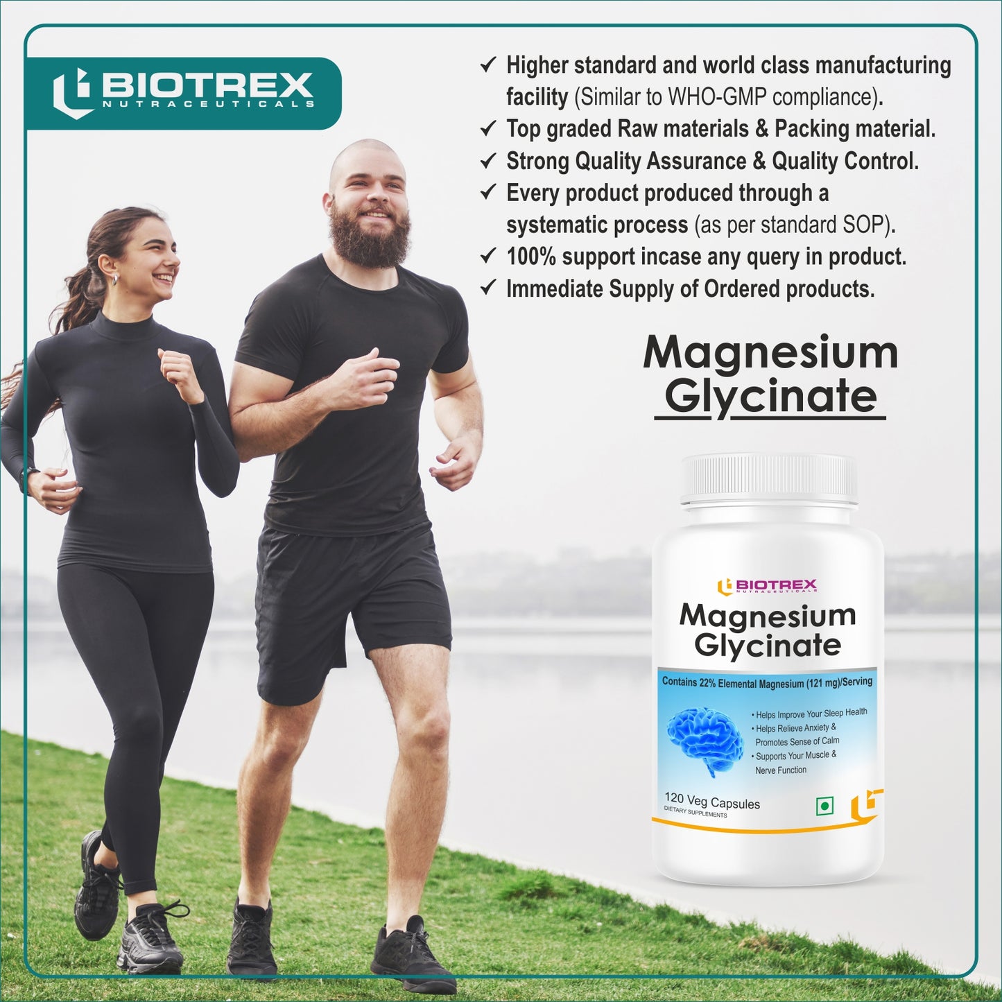 Biotrex Magnesium Glycinate, High Bioavailabilty, Best For Sleep Health, Supports Muscle & Nerve Health - 120 Veg Capsules