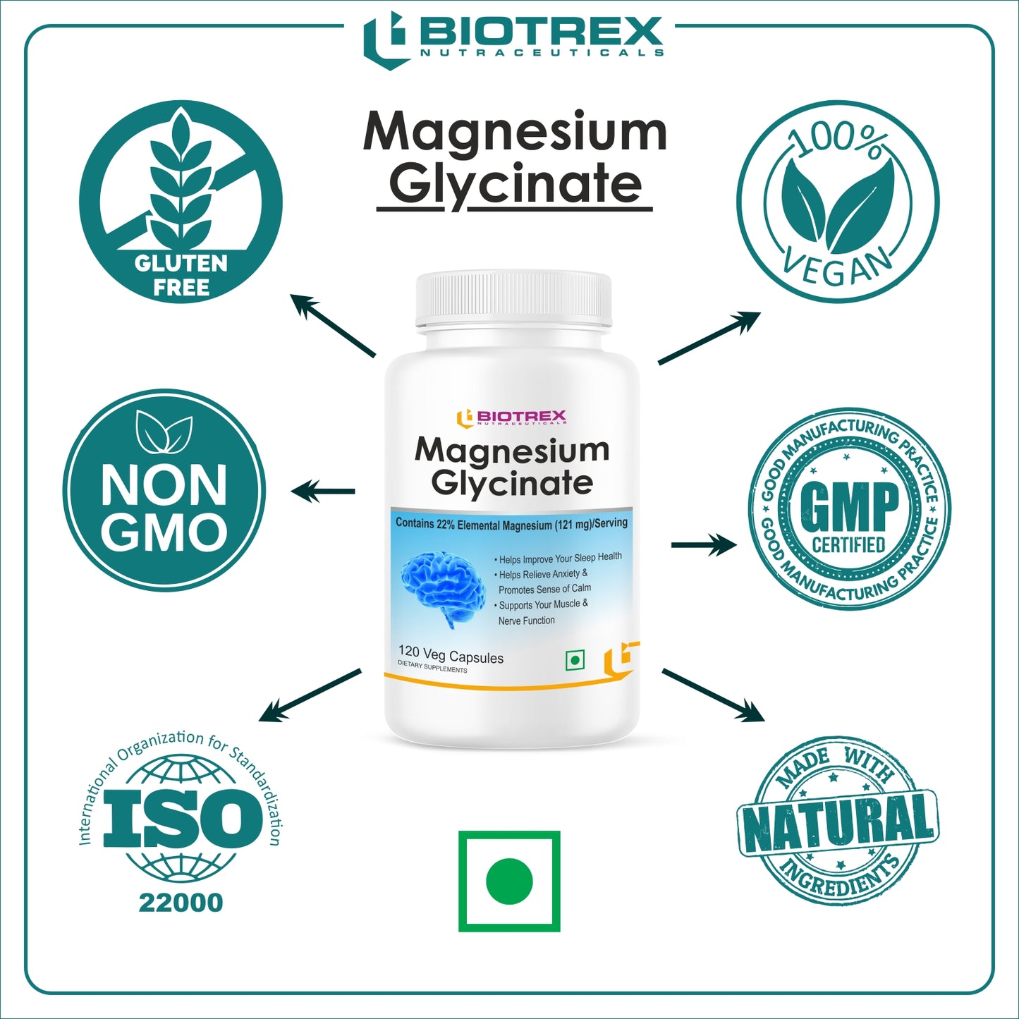 Biotrex Magnesium Glycinate, High Bioavailabilty, Best For Sleep Health, Supports Muscle & Nerve Health - 120 Veg Capsules