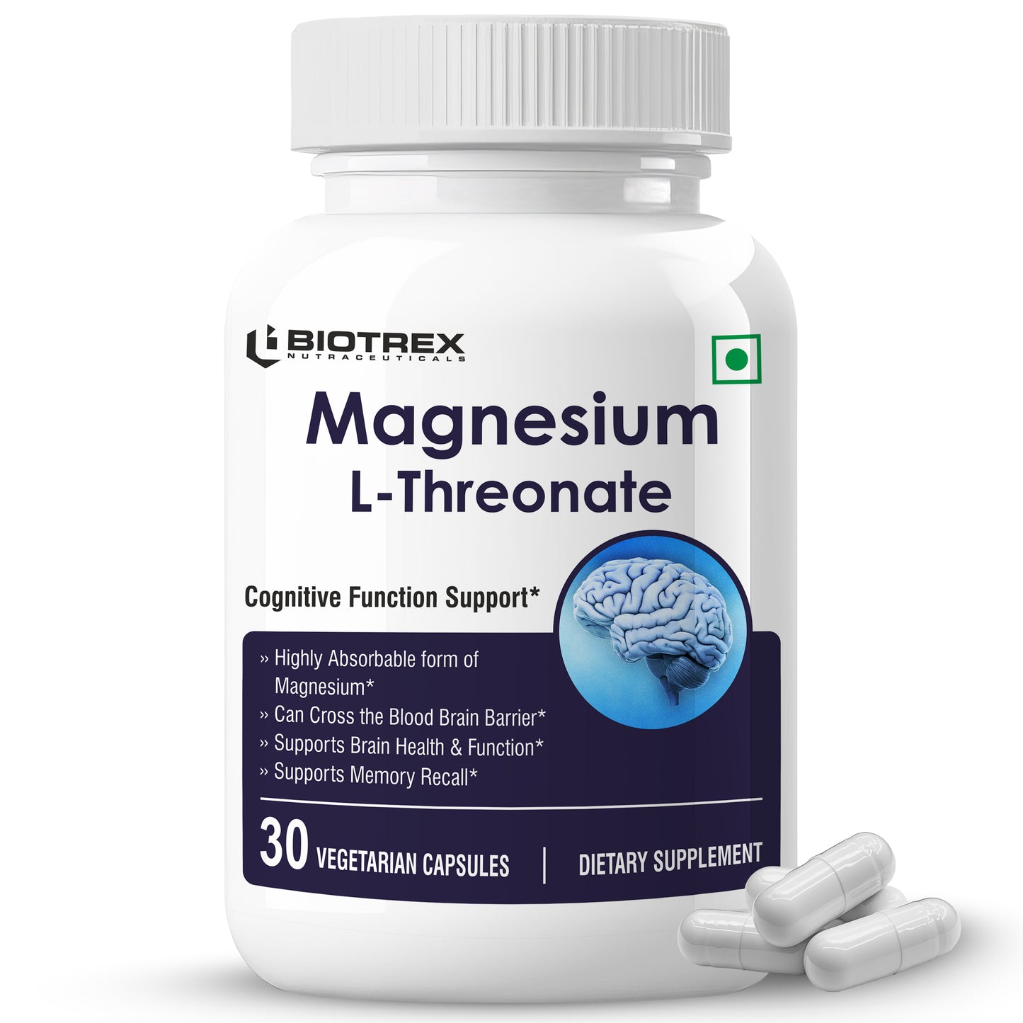 Biotrex Magnesium L-Threonate, Supports Brain Health & Cognitive Function, Highly Bioavailable Magnesium - 30 Veg Capsules
