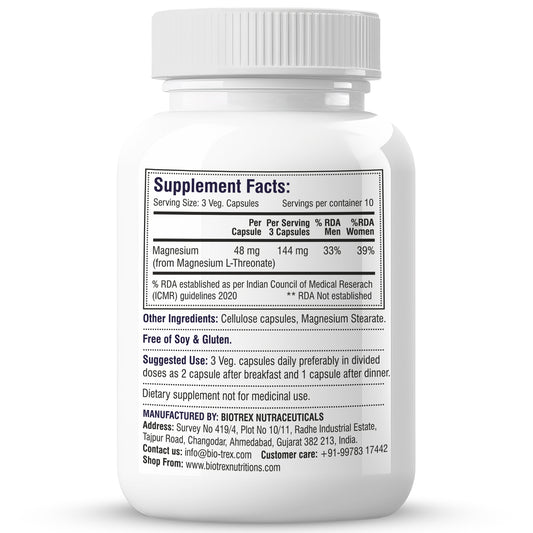 Biotrex Magnesium L-Threonate, Supports Brain Health & Cognitive Function, Highly Bioavailable Magnesium - 30 Veg Capsules
