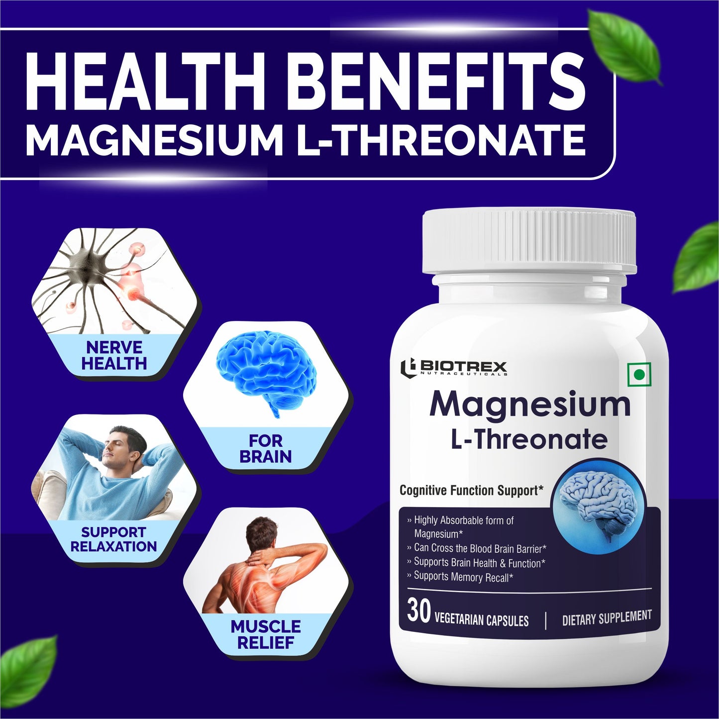 Biotrex Magnesium L-Threonate, Supports Brain Health & Cognitive Function, Highly Bioavailable Magnesium - 30 Veg Capsules