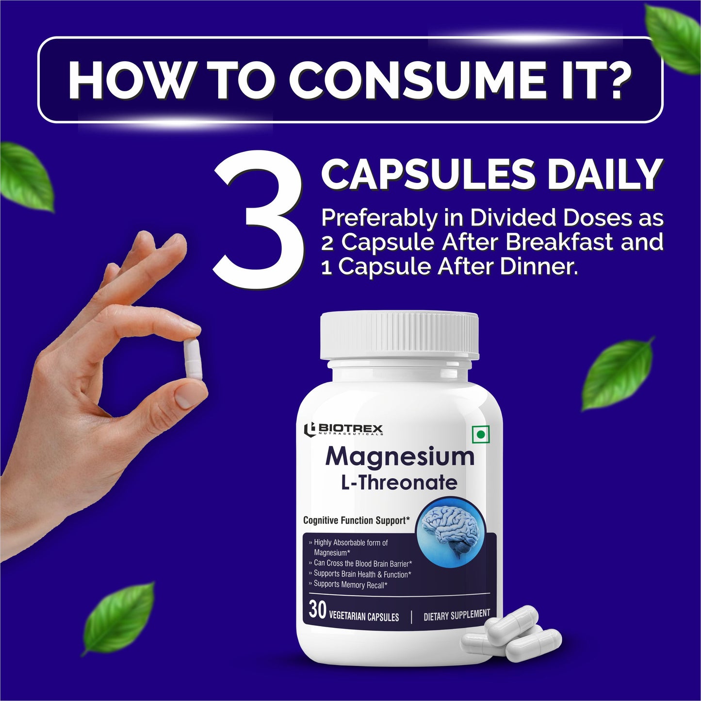 Biotrex Magnesium L-Threonate, Supports Brain Health & Cognitive Function, Highly Bioavailable Magnesium - 30 Veg Capsules