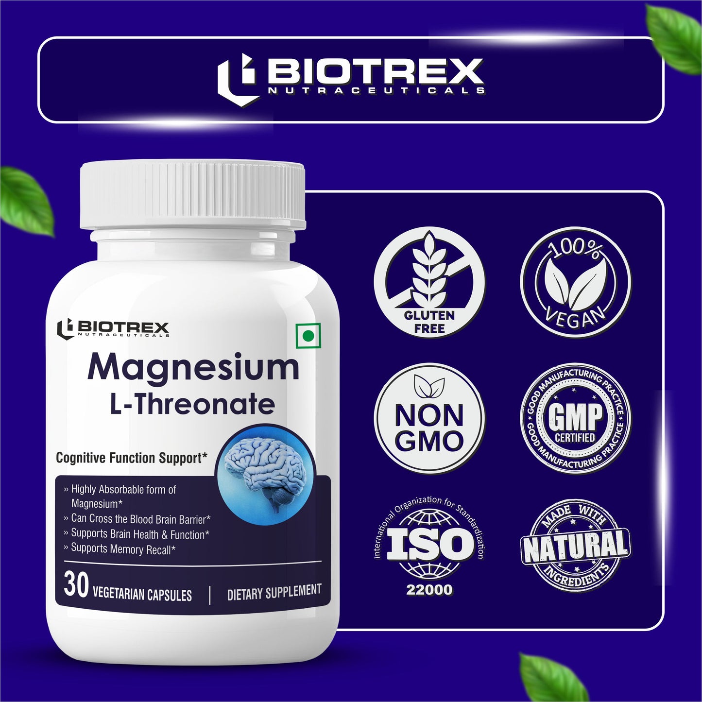 Biotrex Magnesium L-Threonate, Supports Brain Health & Cognitive Function, Highly Bioavailable Magnesium - 30 Veg Capsules