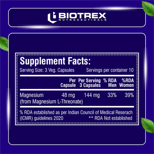Biotrex Magnesium L-Threonate, Supports Brain Health & Cognitive Function, Highly Bioavailable Magnesium - 30 Veg Capsules