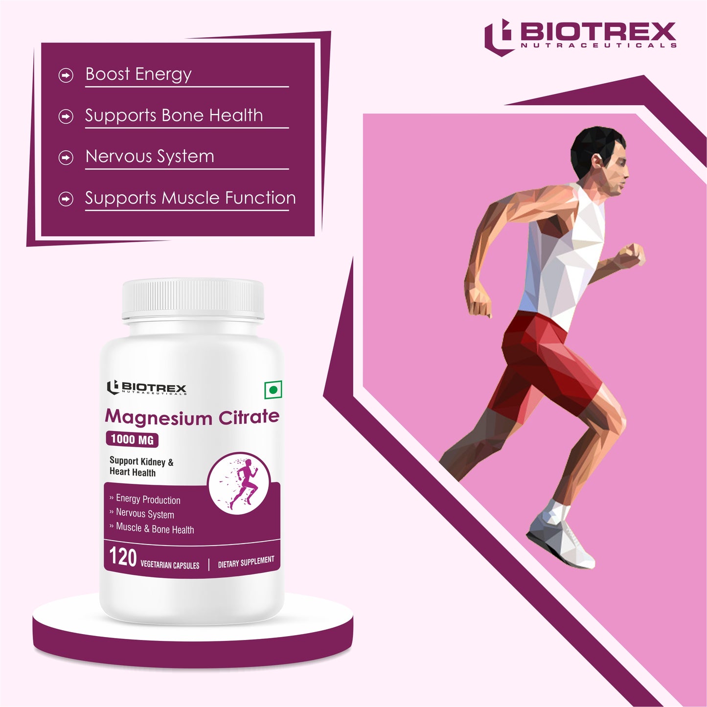 Biotrex Magnesium Citrate Supplement, Supports Bone & Sleep Health - 120 Vegetarian Capsules