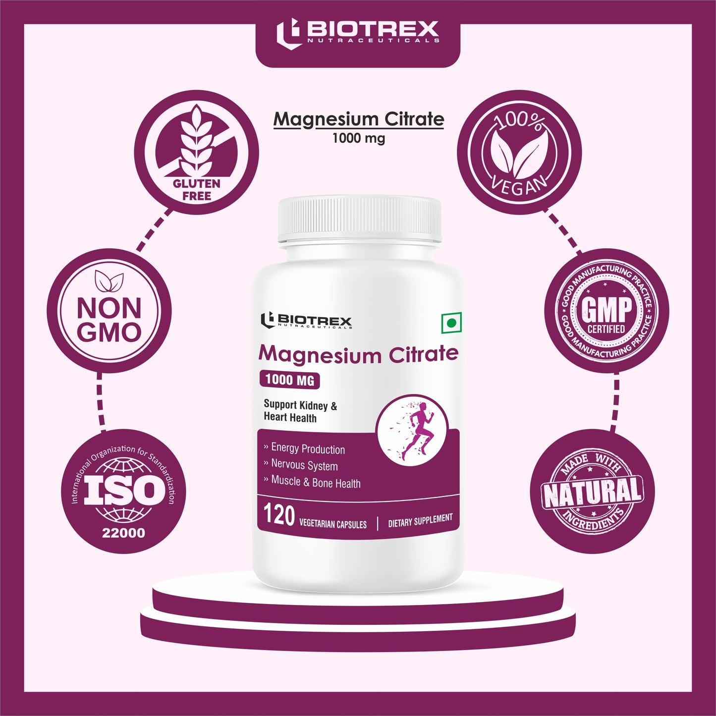 Biotrex Magnesium Citrate Supplement, Supports Bone & Sleep Health - 120 Vegetarian Capsules