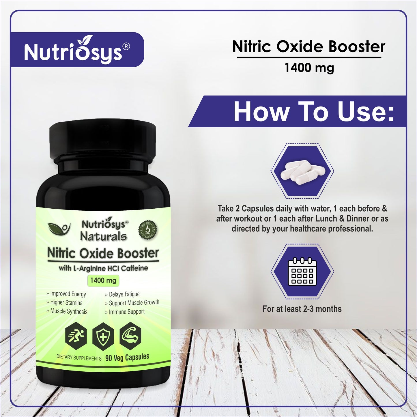 Nutriosys Naturals Nitric Oxide 1400mg With L-Arginine HCI Caffeine | For Muscle Growth, Stamina, Recovery, Immune Booster & Energy Management
