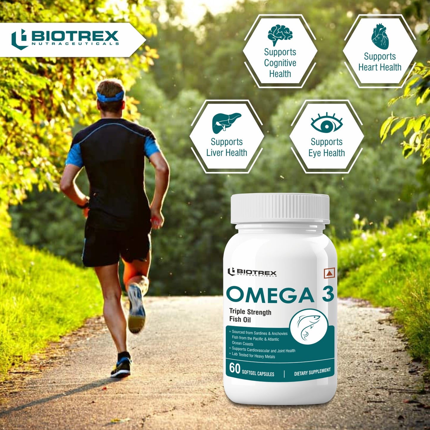 Biotrex Omega 3 Triple Strength Fish Oil Enriched With Salmon Fish Oil (Omega 3), EPA, DHA, Astaxanthin, Evening Primrose Oil - 60 Softgel Capsules