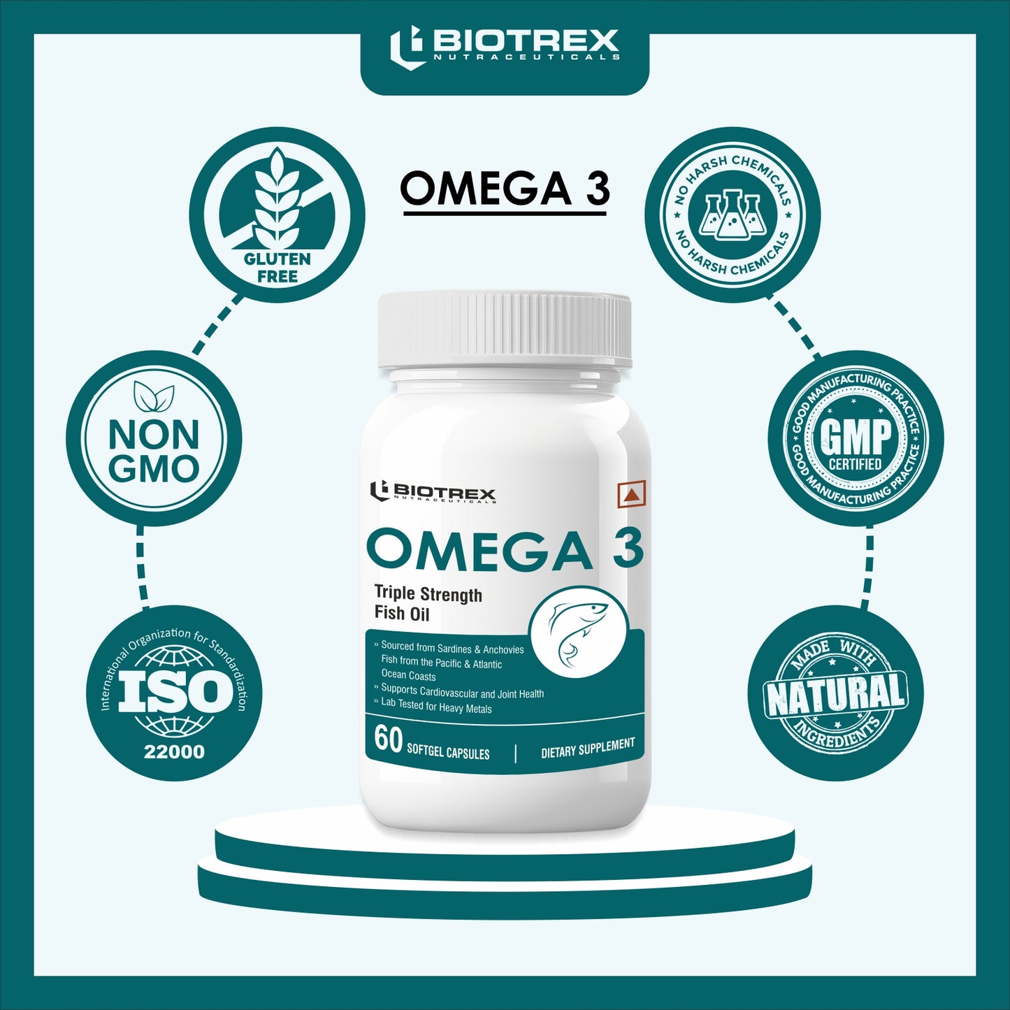 Biotrex Omega 3 Triple Strength Fish Oil Enriched With Salmon Fish Oil (Omega 3), EPA, DHA, Astaxanthin, Evening Primrose Oil - 60 Softgel Capsules
