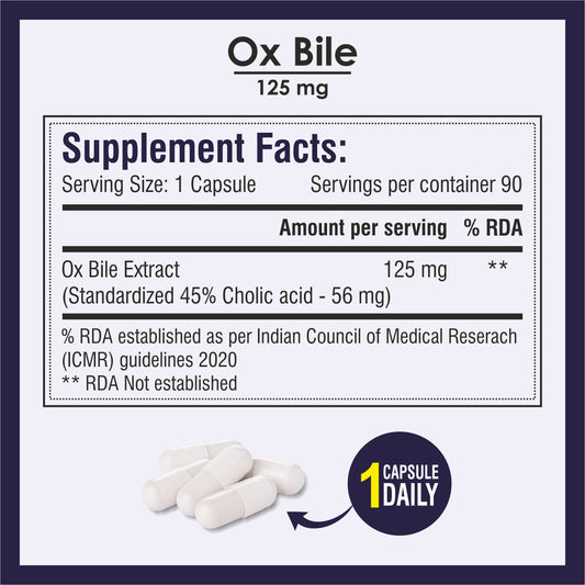 Biotrex OX BILE EXTRACT 125mg, 45% CHOLIC ACID, Supports Gallbladder Health & Supports Healthy Digestion, Bile Synthesis Support, (Gluten Free & Non-GMO) - 90 Capsules