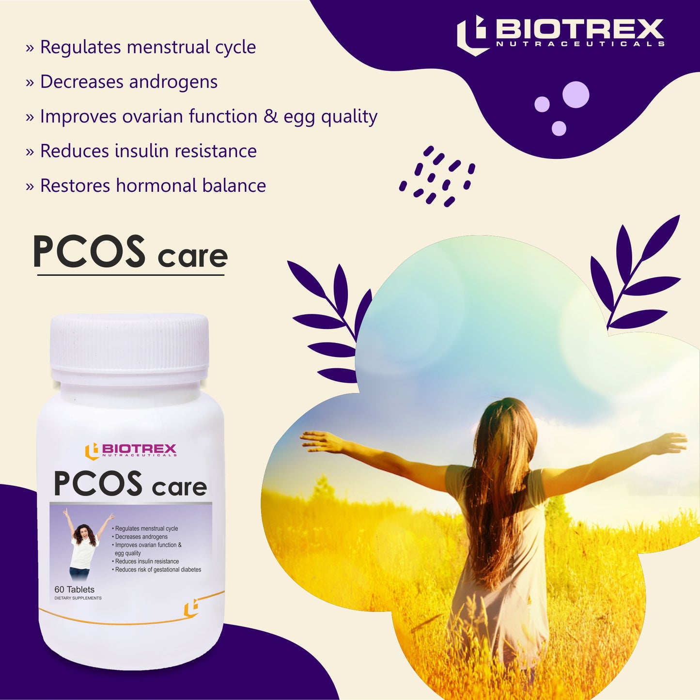 Biotrex Nutraceuticals Pcos Care Supplement, Natural Pcos/Pcod Supplement For Women - 60 Tablets