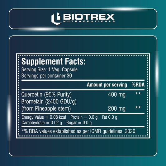 Bioterx Nutraceuticals Quercetin with Bromelain 600mg Better Respiratory Health | Antioxidant | Fights Allergies | Immunity & Cardiovascular Health - 30 Veg Capsules
