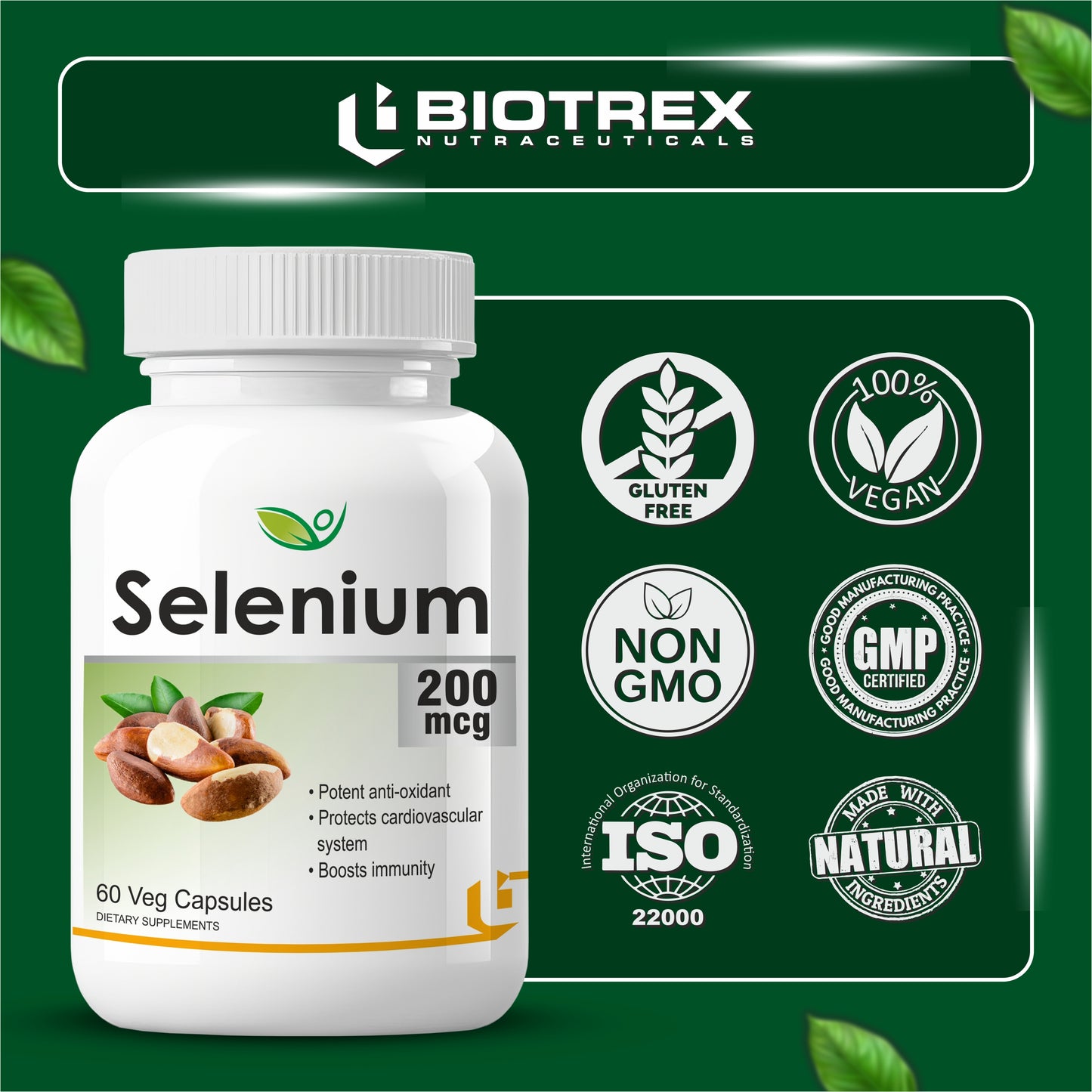 Biotrex Selenium 200mcg - 60 Capsules Immune System Support, Thyroid Function, Cancer Prevention & Cardiovascular Health