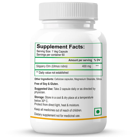 Biotrex Slippery Elm 400mg - 60 Capsules Soothing Digestive Aid, Gastrointestinal Protection & Relief from Sore Throat and Cough