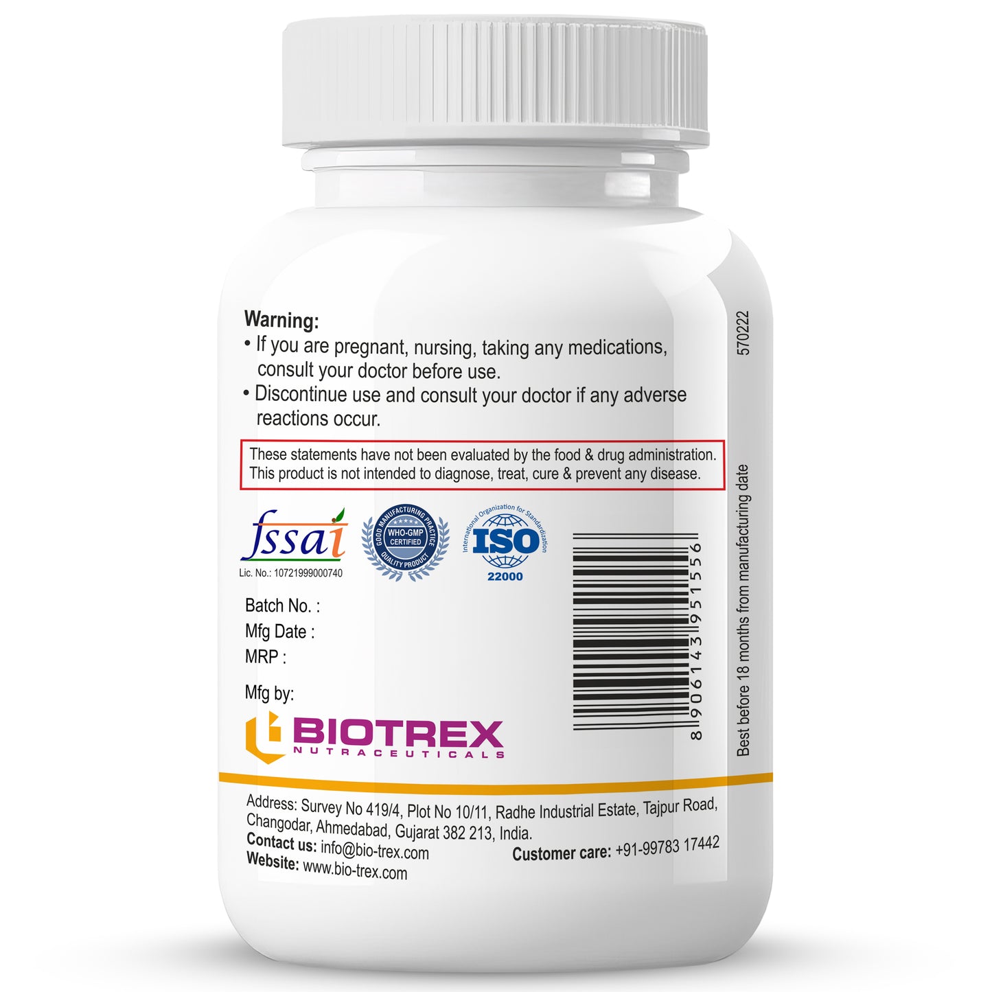 Biotrex Slippery Elm 400mg - 60 Capsules Soothing Digestive Aid, Gastrointestinal Protection & Relief from Sore Throat and Cough