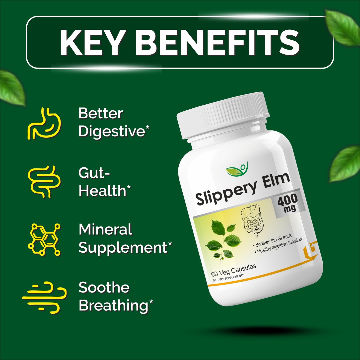 Biotrex Slippery Elm 400mg - 60 Capsules Soothing Digestive Aid, Gastrointestinal Protection & Relief from Sore Throat and Cough