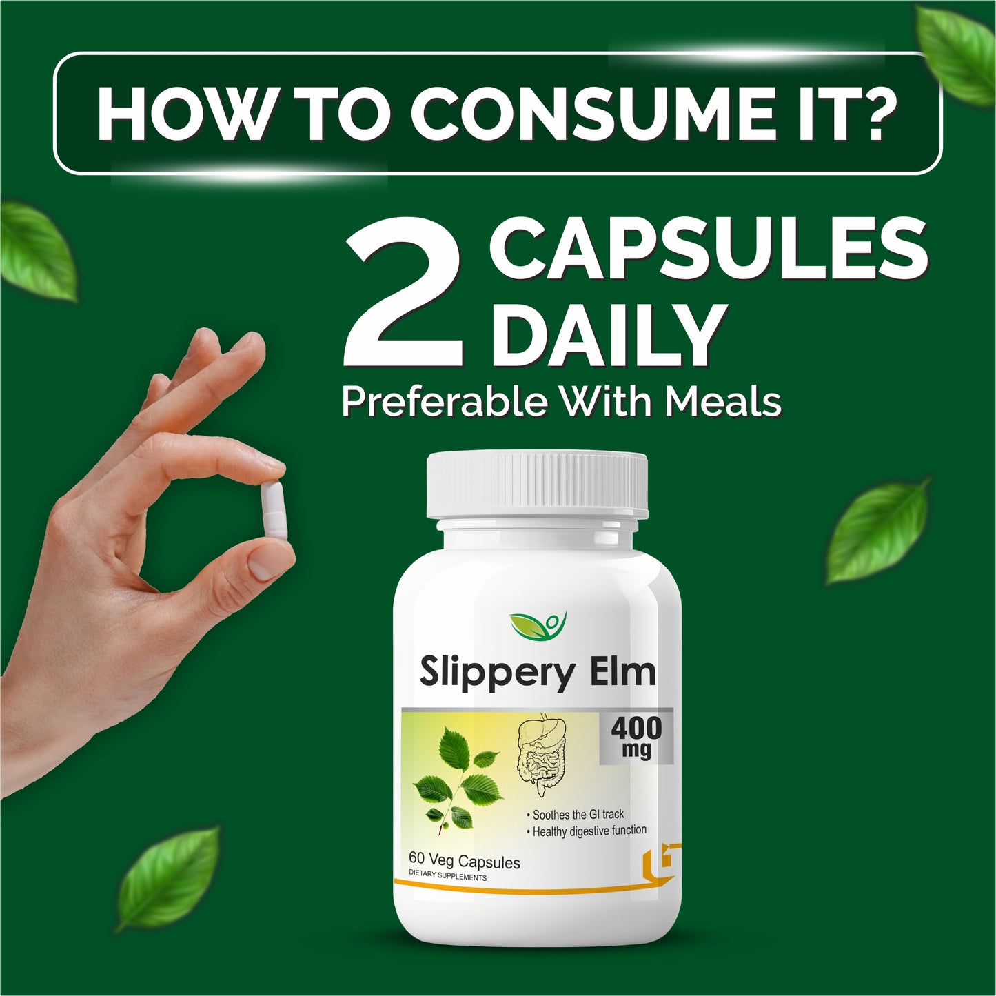 Biotrex Slippery Elm 400mg - 60 Capsules Soothing Digestive Aid, Gastrointestinal Protection & Relief from Sore Throat and Cough