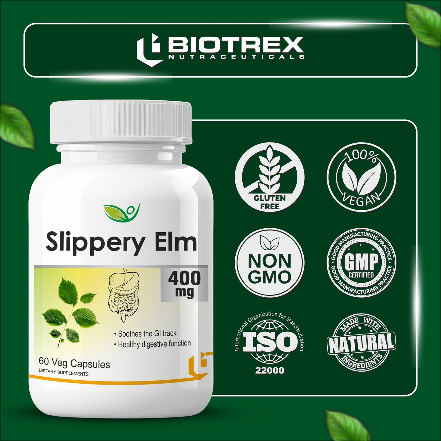 Biotrex Slippery Elm 400mg - 60 Capsules Soothing Digestive Aid, Gastrointestinal Protection & Relief from Sore Throat and Cough
