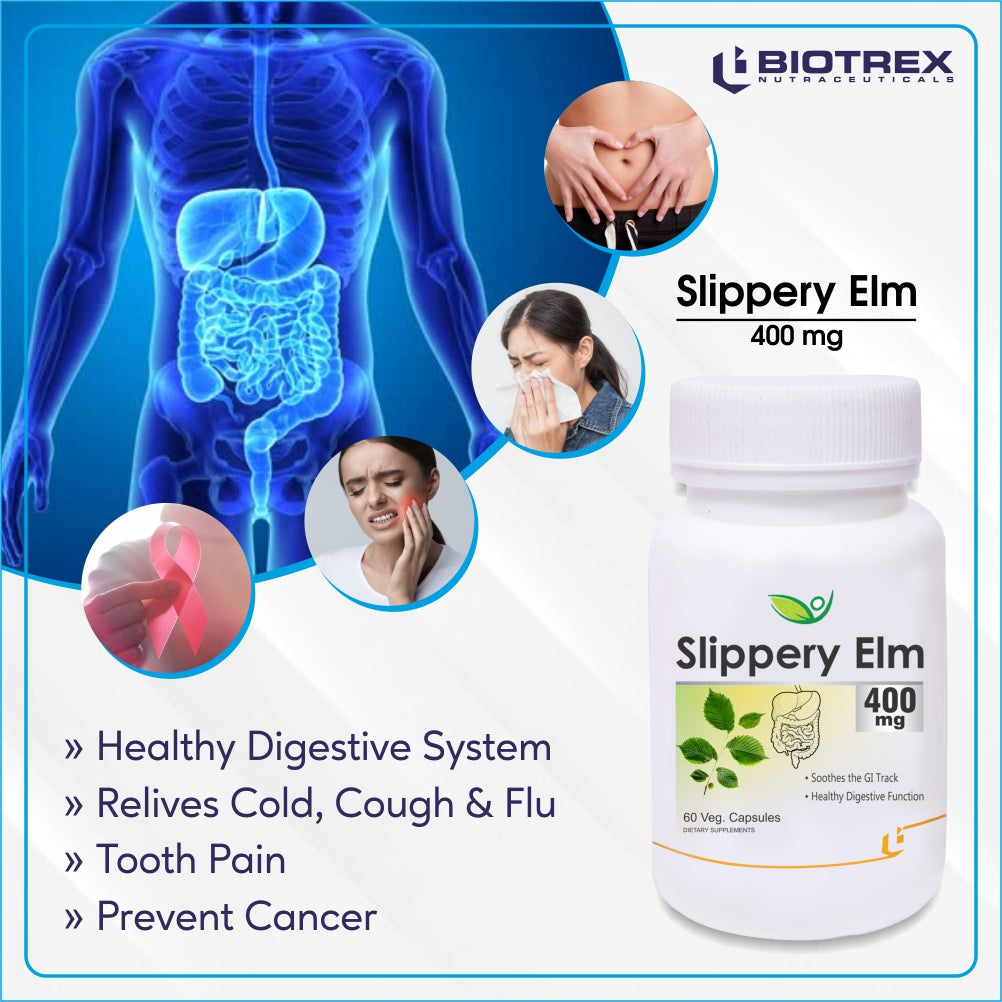 Biotrex Slippery Elm 400mg - 60 Capsules Soothing Digestive Aid, Gastrointestinal Protection & Relief from Sore Throat and Cough