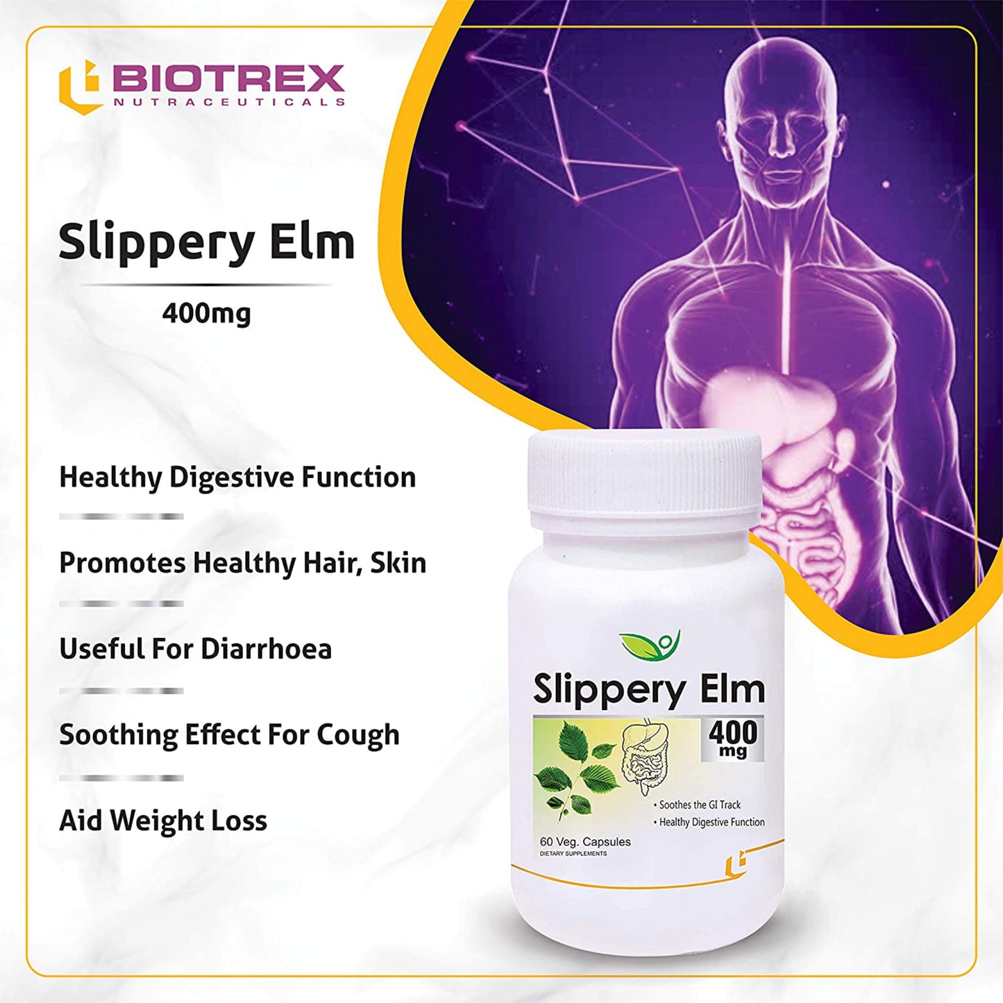 Biotrex Slippery Elm 400mg - 60 Capsules Soothing Digestive Aid, Gastrointestinal Protection & Relief from Sore Throat and Cough