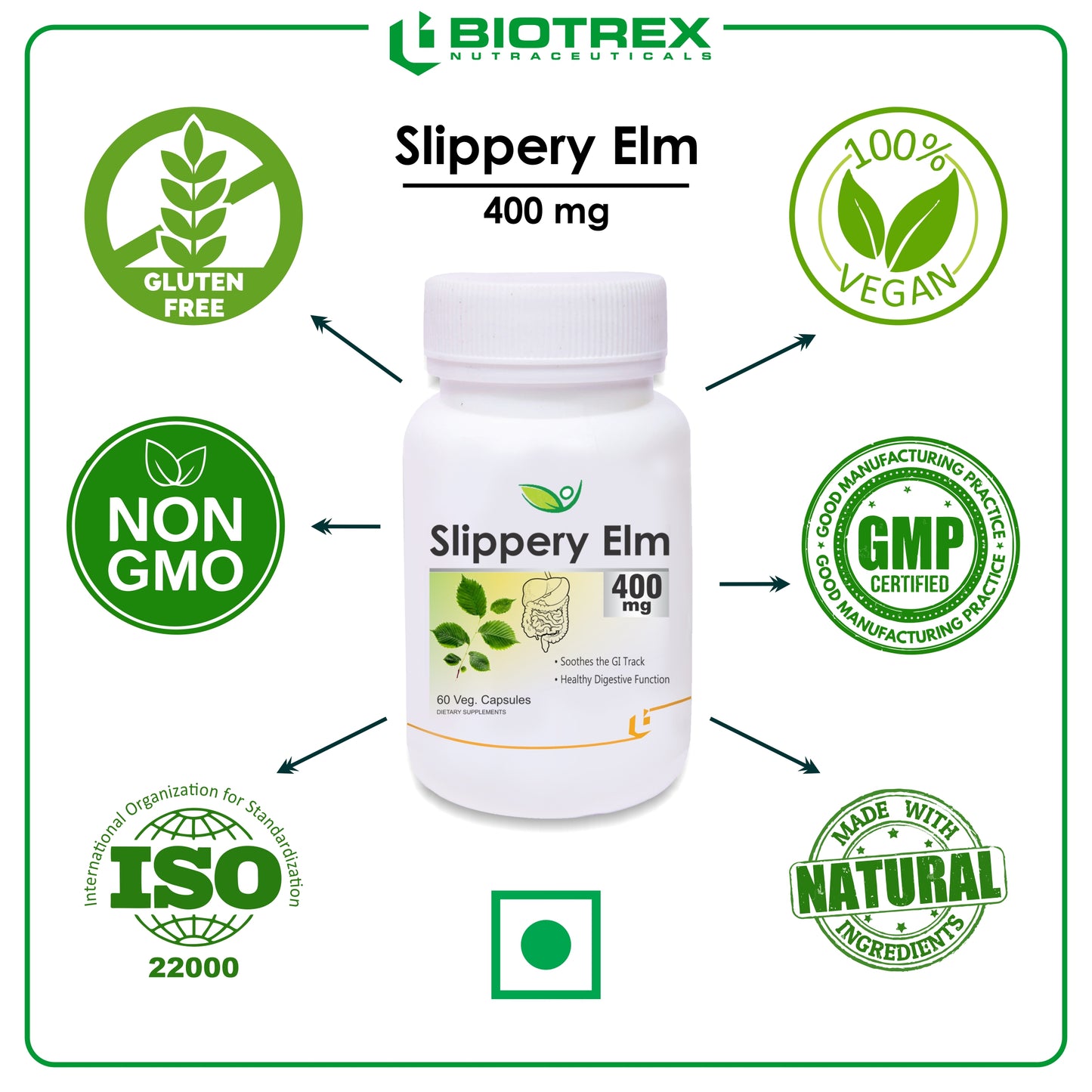 Biotrex Slippery Elm 400mg - 60 Capsules Soothing Digestive Aid, Gastrointestinal Protection & Relief from Sore Throat and Cough