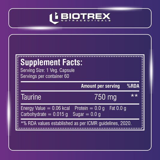 Biotrex Taurine 750mg | Antioxidant | Cardiovascular Health & Helps Enhanching Muscle Function | Eye Health | Amino Acid Supplement For Athletic Performance | Men & Women - 60 Veg Capsule