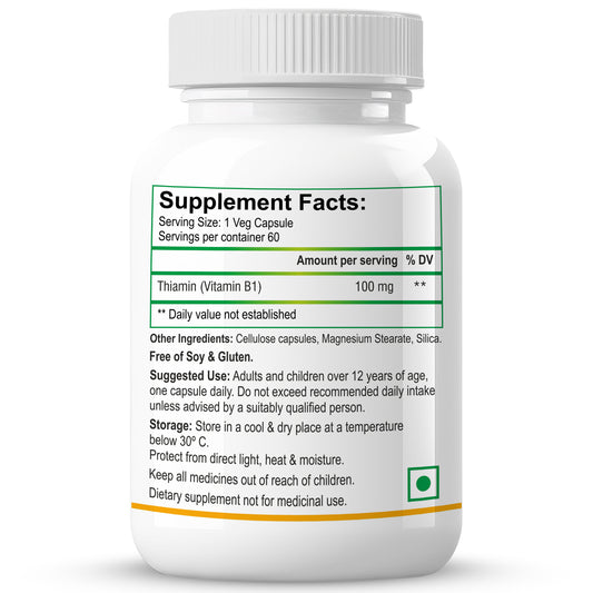 Biotrex Thiamin 100mg (Vitamin B1) - 60 Veg Capsules Energy Production, Stress Management, Cognitive Function & Antioxidant Activity