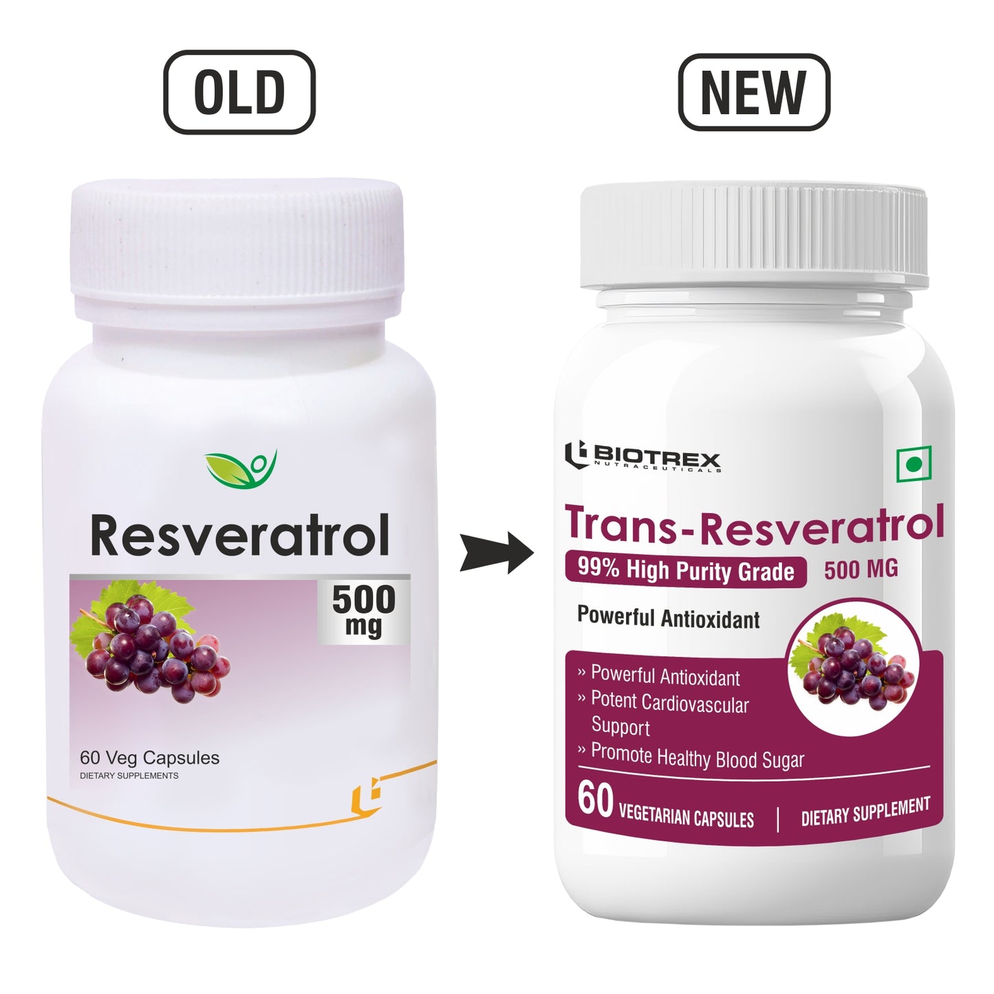 Biotrex Resveratrol 500mg - 60 Capsules Cognitive Health, Skin Health, Antioxidant Support & Cardiovascular Health