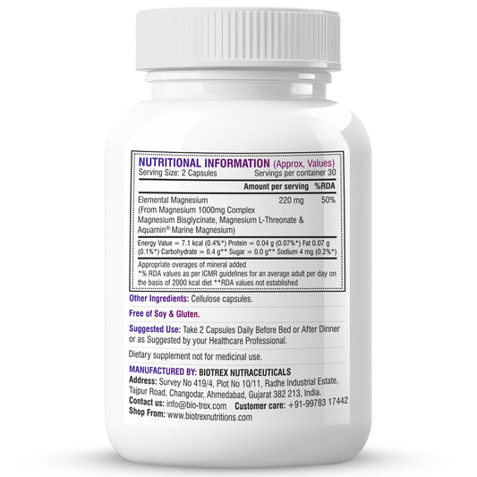 Biotrex Trio Magnesium Complex Enriched With Magnesium L- Threonate, Aquamin Citrate & Magnesium Glycinate, Highly Bioavailable Forms of Magnesium, Supports Healthy Nerve & Brain Health, Supports Healthy Sleep - 60 Veg Capsules