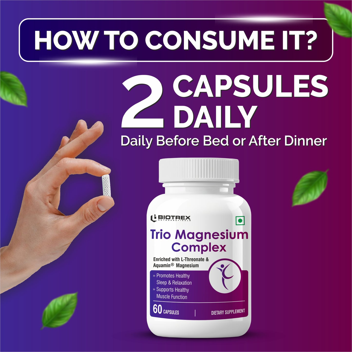 Biotrex Trio Magnesium Complex Enriched With Magnesium L- Threonate, Aquamin Citrate & Magnesium Glycinate, Highly Bioavailable Forms of Magnesium, Supports Healthy Nerve & Brain Health, Supports Healthy Sleep - 60 Veg Capsules