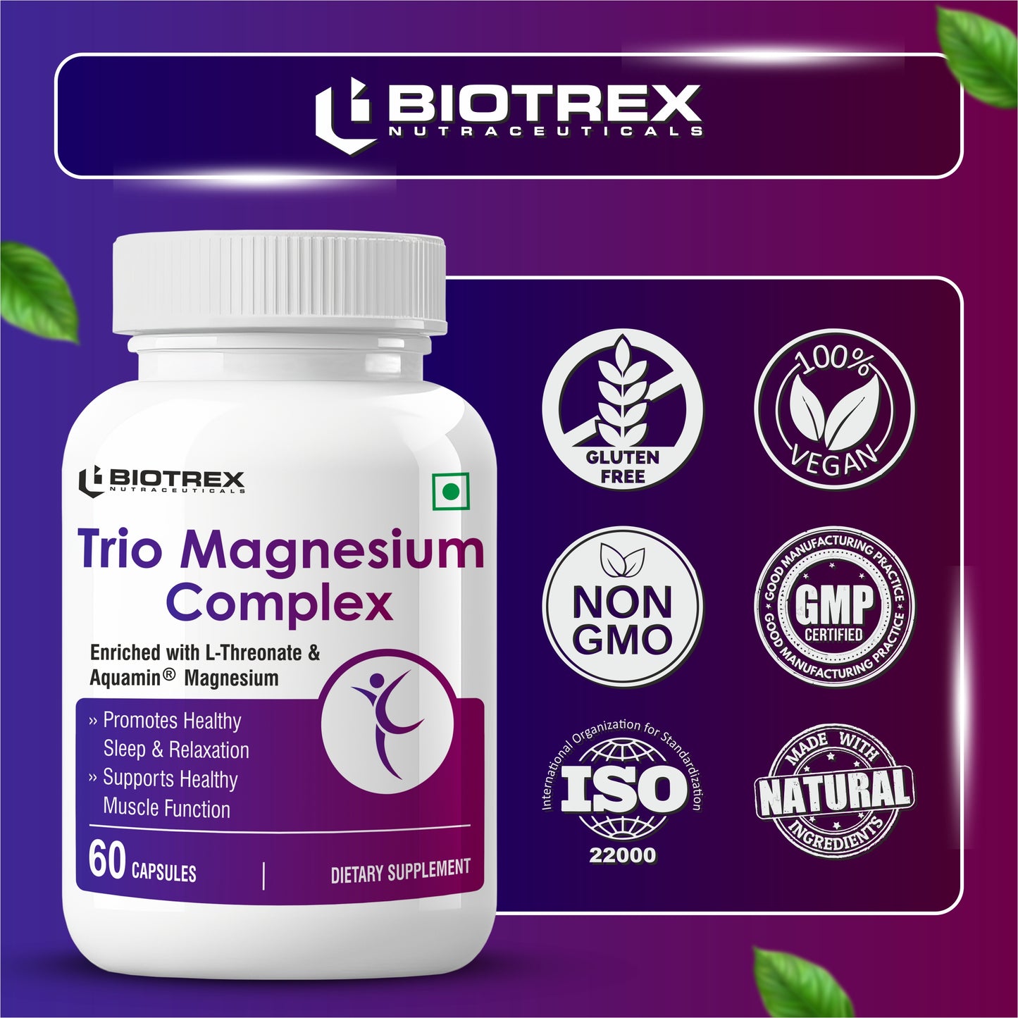Biotrex Trio Magnesium Complex Enriched With Magnesium L- Threonate, Aquamin Citrate & Magnesium Glycinate, Highly Bioavailable Forms of Magnesium, Supports Healthy Nerve & Brain Health, Supports Healthy Sleep - 60 Veg Capsules