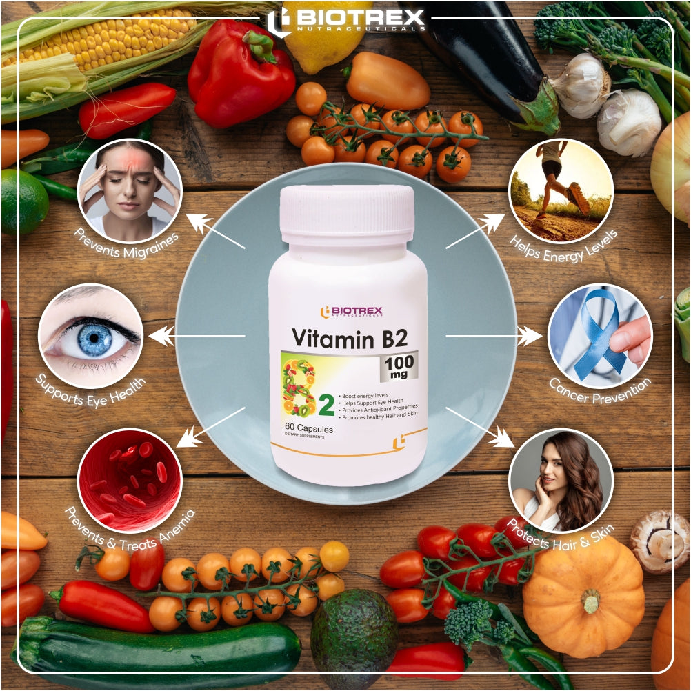 Biotrex Vitamin B2 100mg - 60 Capsules Energy Production, Red Blood Cell Formation & Healthy Skin and Vision