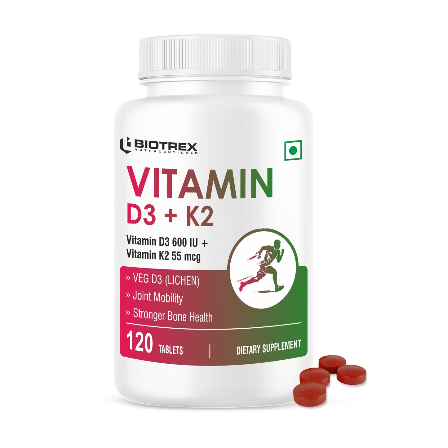 Biotrex Nutraceuticals Vitamin D3 600 IU + K2 MK7 Supplement For Advance Bone Health & Heart Health - 120 Veg Tablets