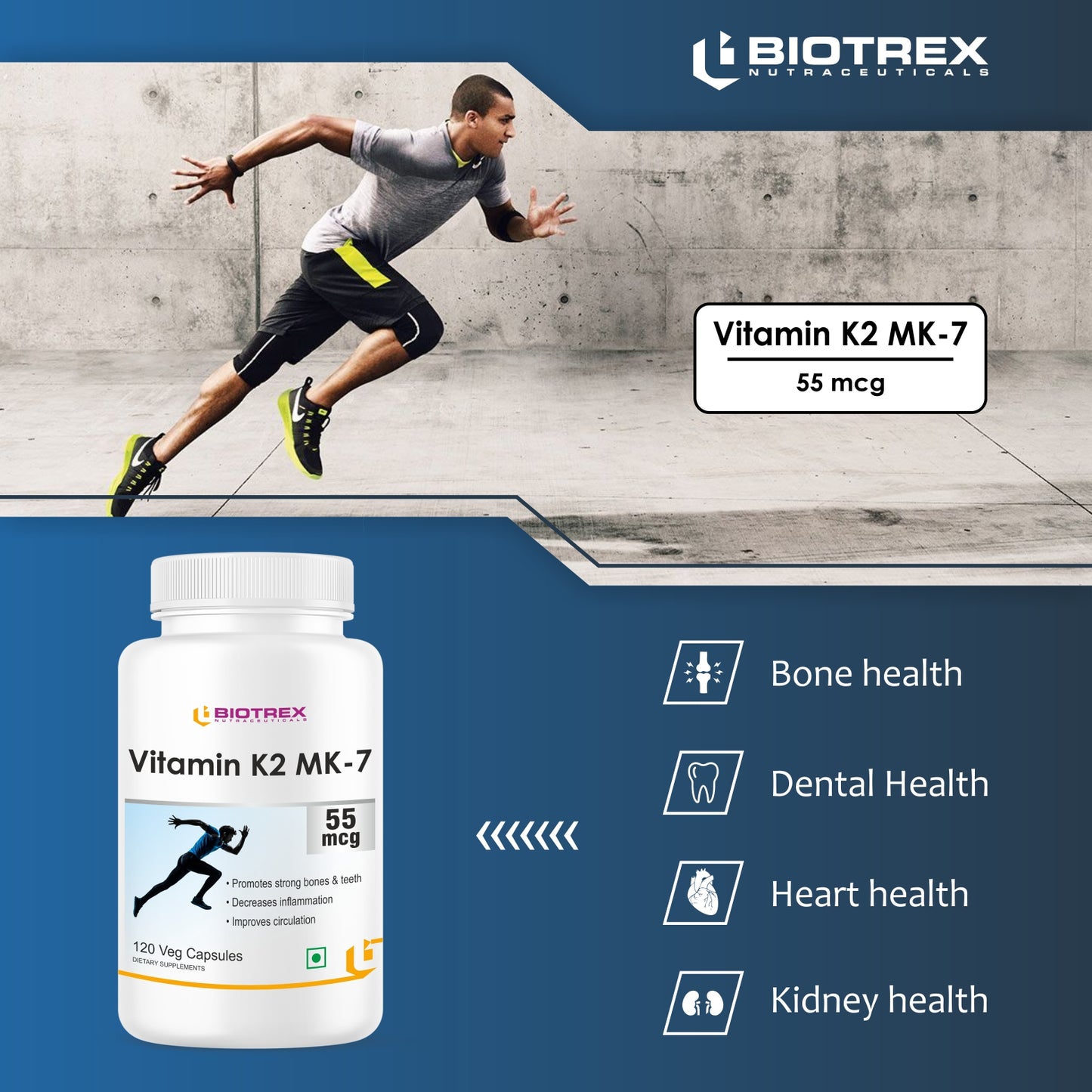 Biotrex Vitamin K2 as Mk-7 55mcg | Supports Bone Health | Promotes Heart Health | 120 Veg Capsules