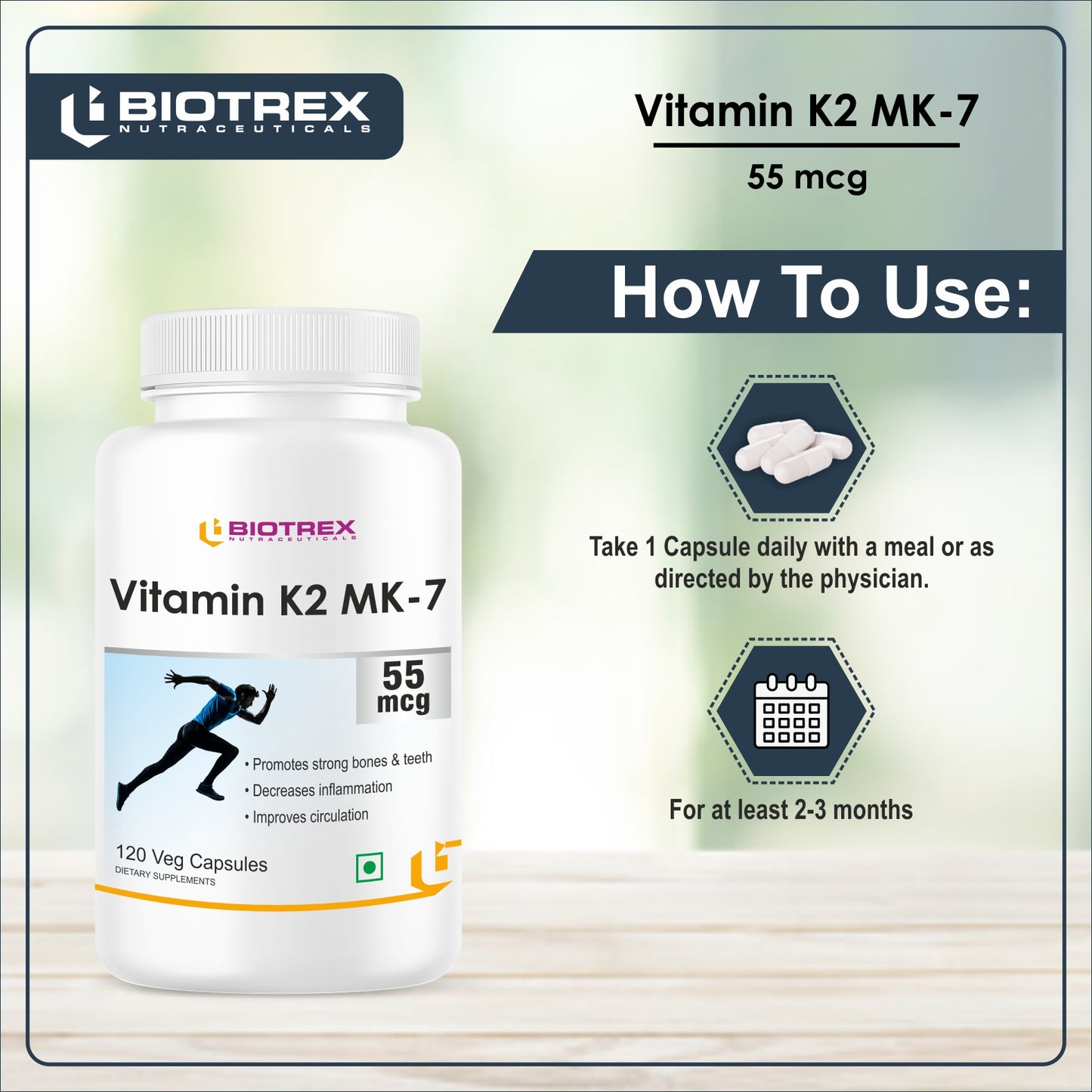 Biotrex Vitamin K2 as Mk-7 55mcg | Supports Bone Health | Promotes Heart Health | 120 Veg Capsules
