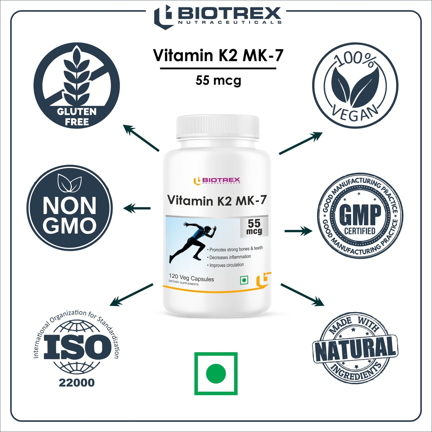 Biotrex Vitamin K2 as Mk-7 55mcg | Supports Bone Health | Promotes Heart Health | 120 Veg Capsules