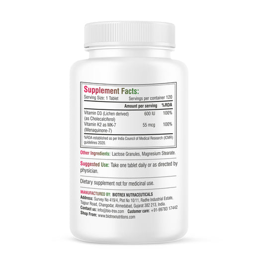 Biotrex Nutraceuticals Vitamin D3 600 IU + K2 MK7 Supplement For Advance Bone Health & Heart Health - 120 Veg Tablets