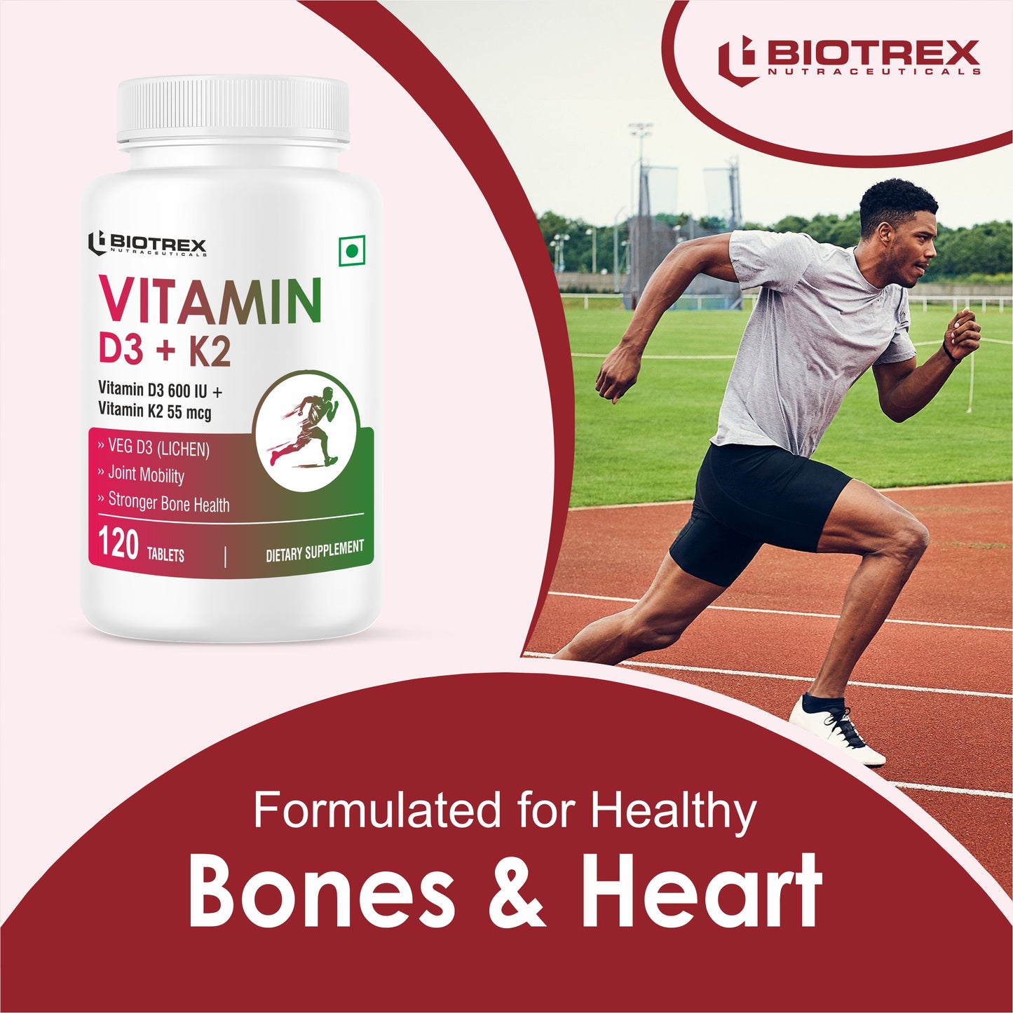 Biotrex Nutraceuticals Vitamin D3 600 IU + K2 MK7 Supplement For Advance Bone Health & Heart Health - 120 Veg Tablets