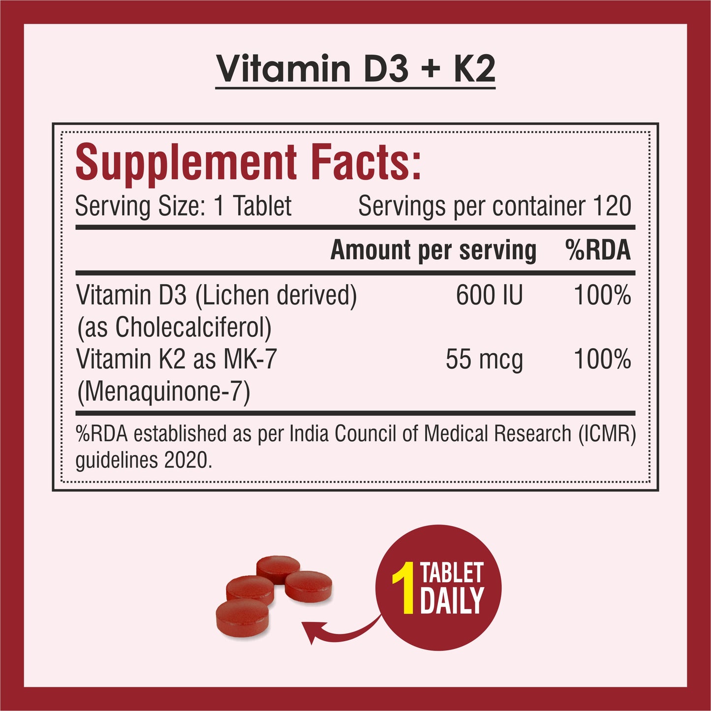 Biotrex Nutraceuticals Vitamin D3 600 IU + K2 MK7 Supplement For Advance Bone Health & Heart Health - 120 Veg Tablets
