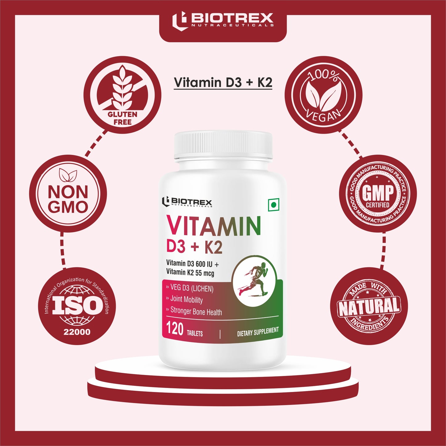 Biotrex Nutraceuticals Vitamin D3 600 IU + K2 MK7 Supplement For Advance Bone Health & Heart Health - 120 Veg Tablets