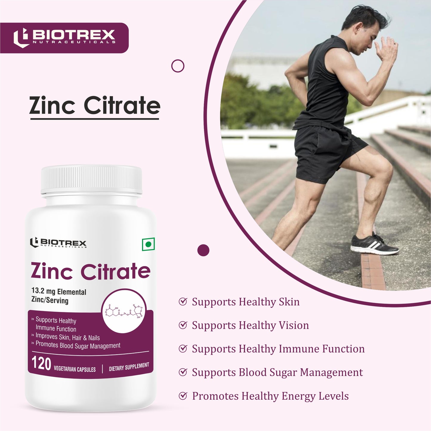 Biotrex Zinc Citrate Supplement With High Purity, Supports Healthy Skin, Hair & Nails, Immune Health - 120 Veg Capsules