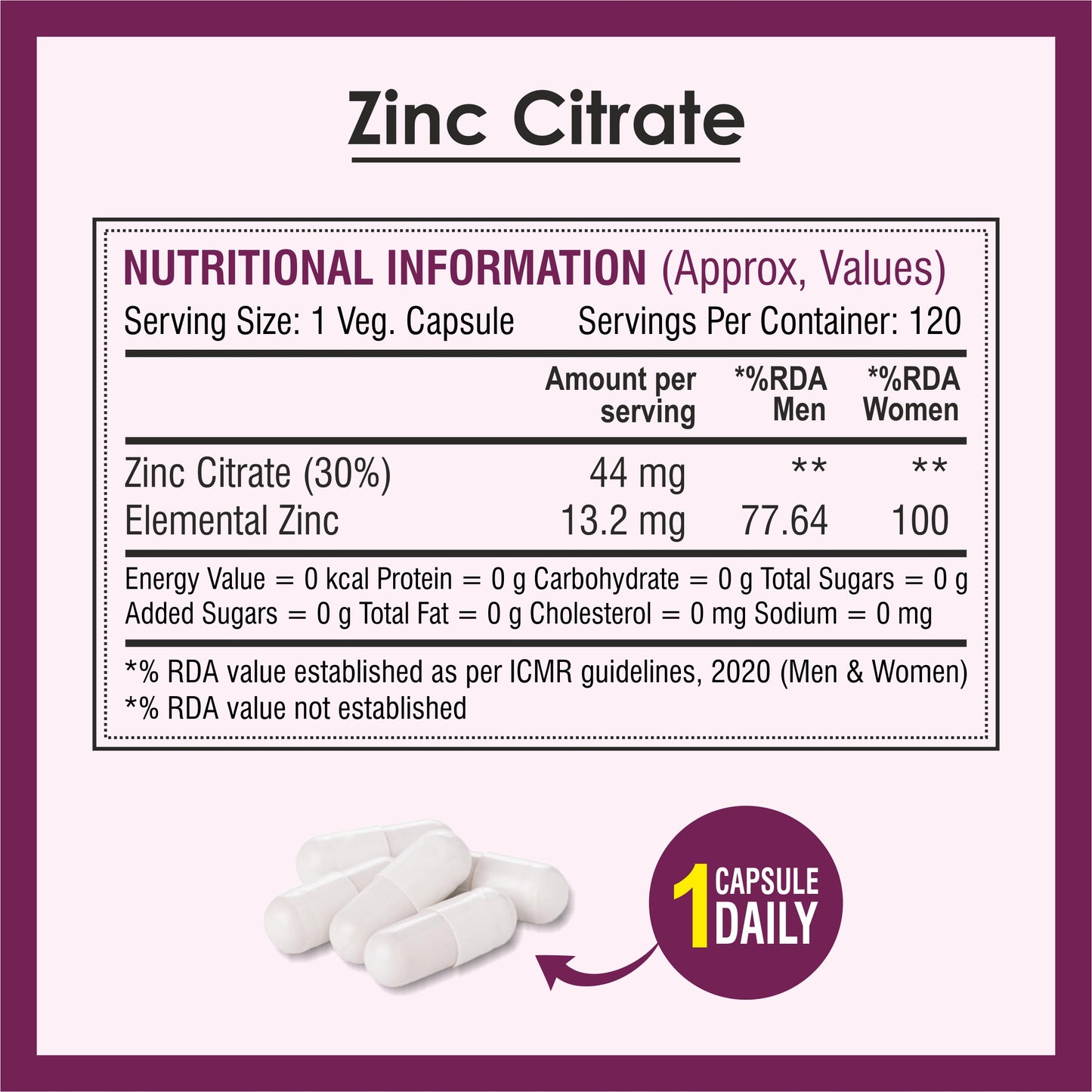 Biotrex Zinc Citrate Supplement With High Purity, Supports Healthy Skin, Hair & Nails, Immune Health - 120 Veg Capsules
