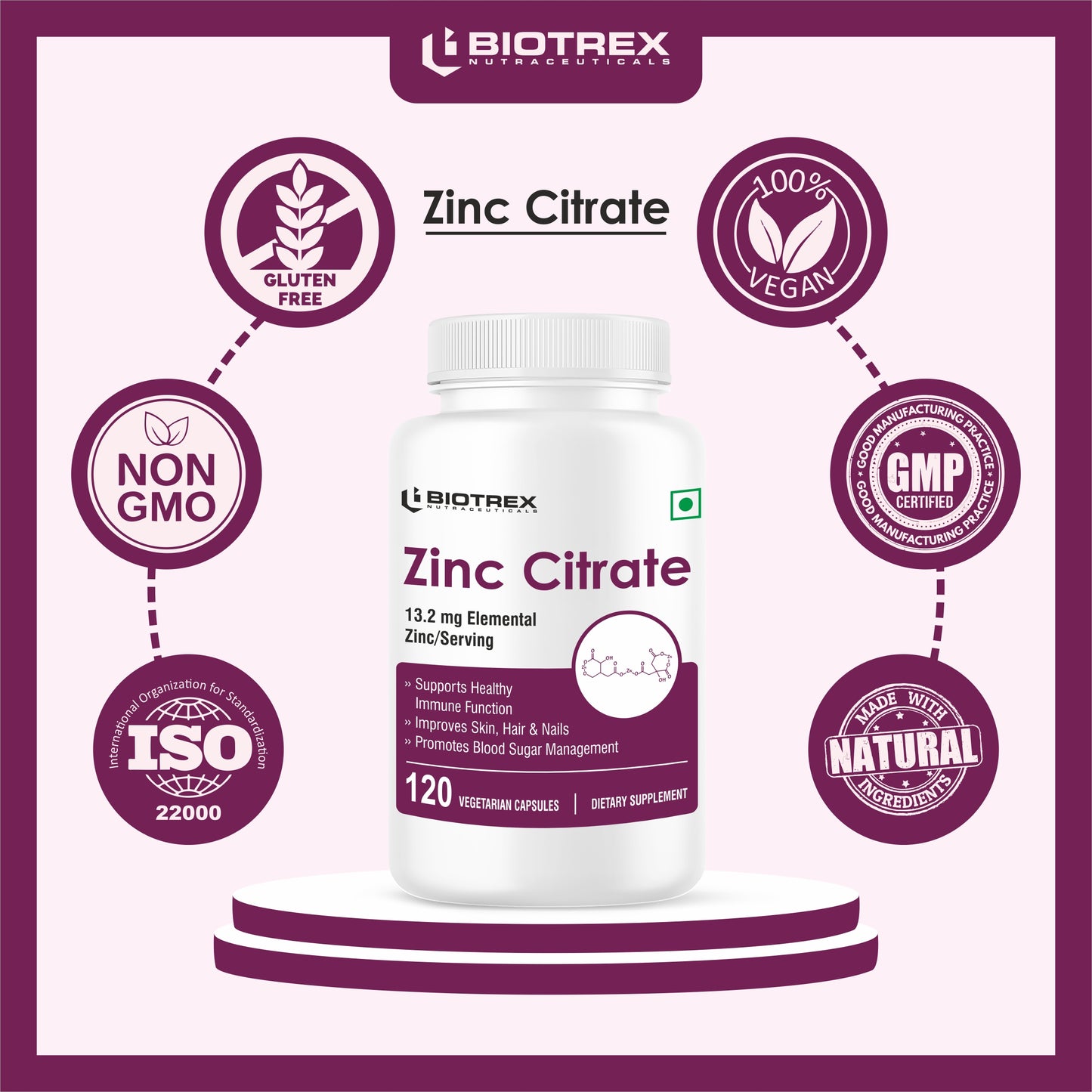 Biotrex Zinc Citrate Supplement With High Purity, Supports Healthy Skin, Hair & Nails, Immune Health - 120 Veg Capsules